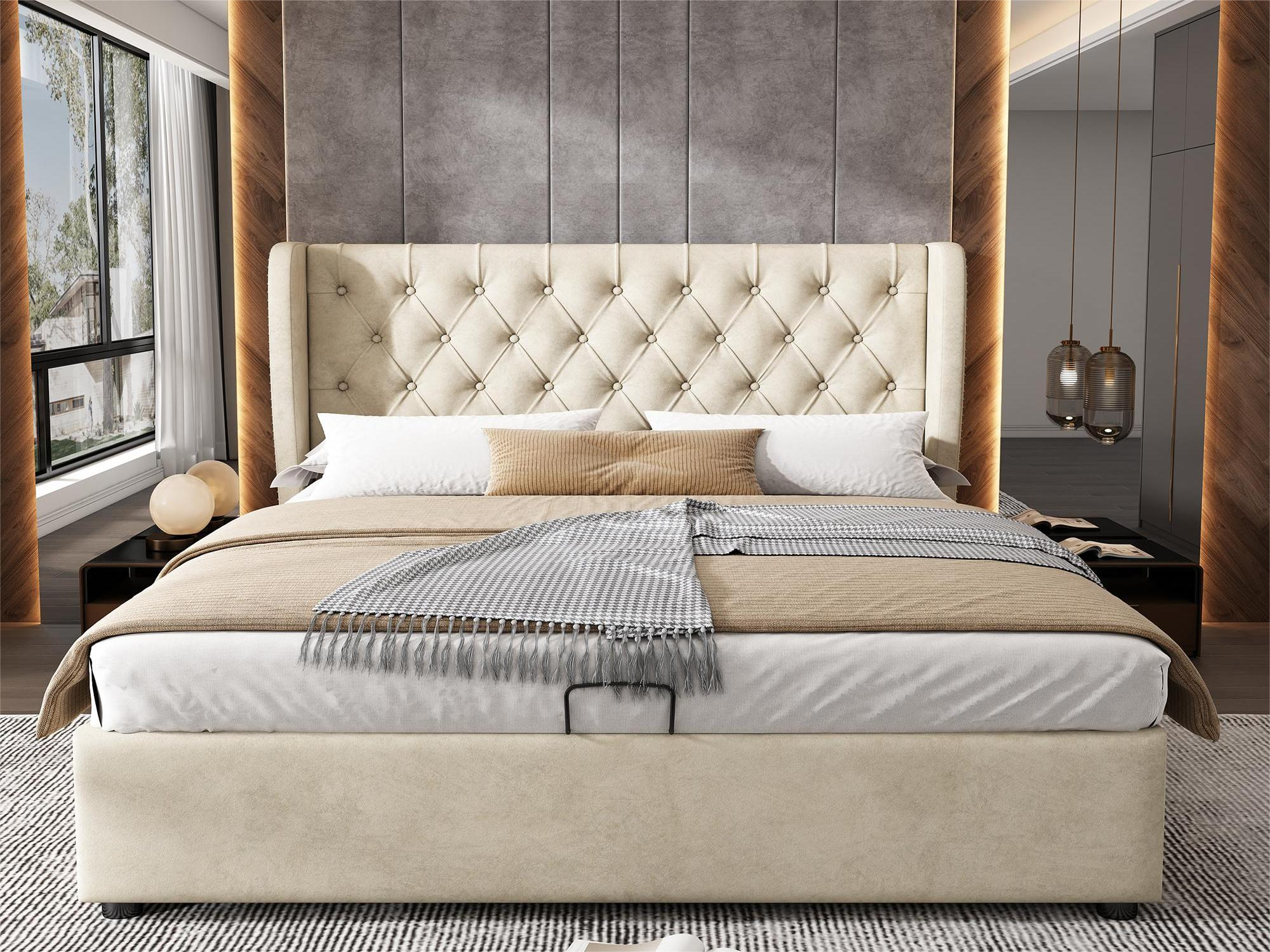 Letto Matrimoniale Imbottito Idraulico 140x200 Cm Con Testiera Regolabile Nero