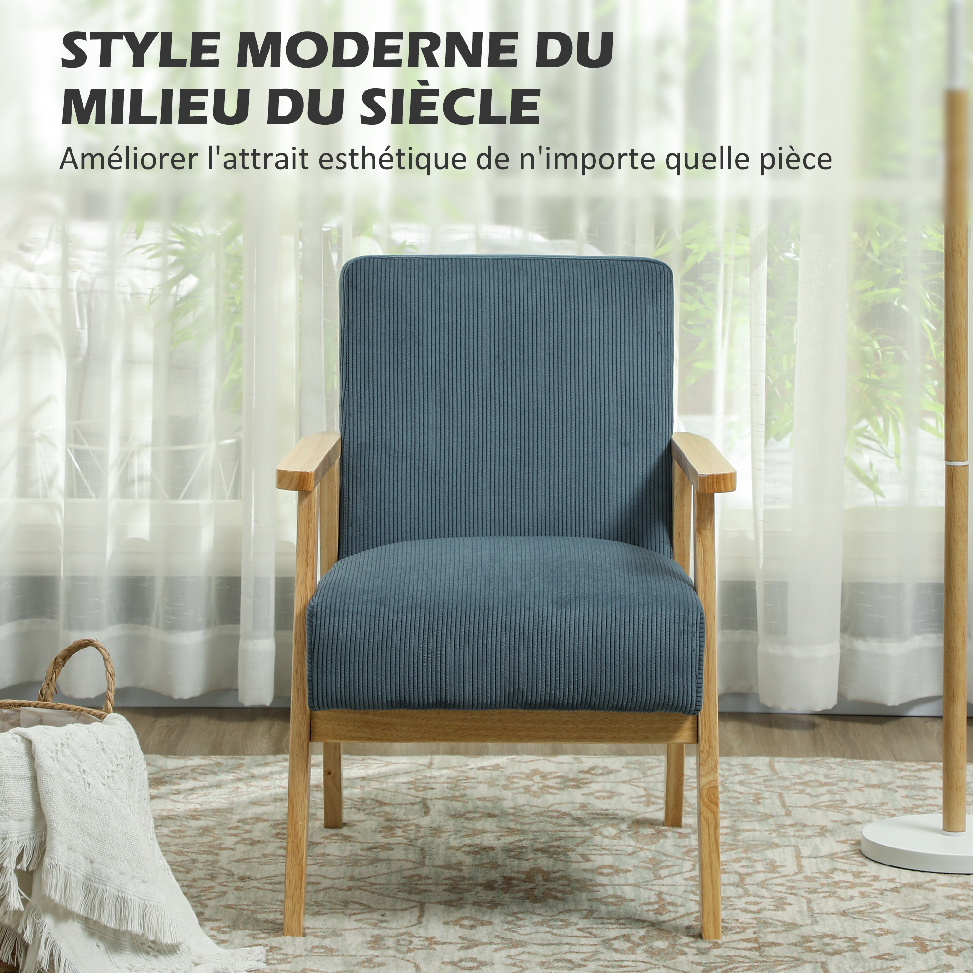 Fauteuil lounge style nordique bois hévéa velours côtelé bleu - 4