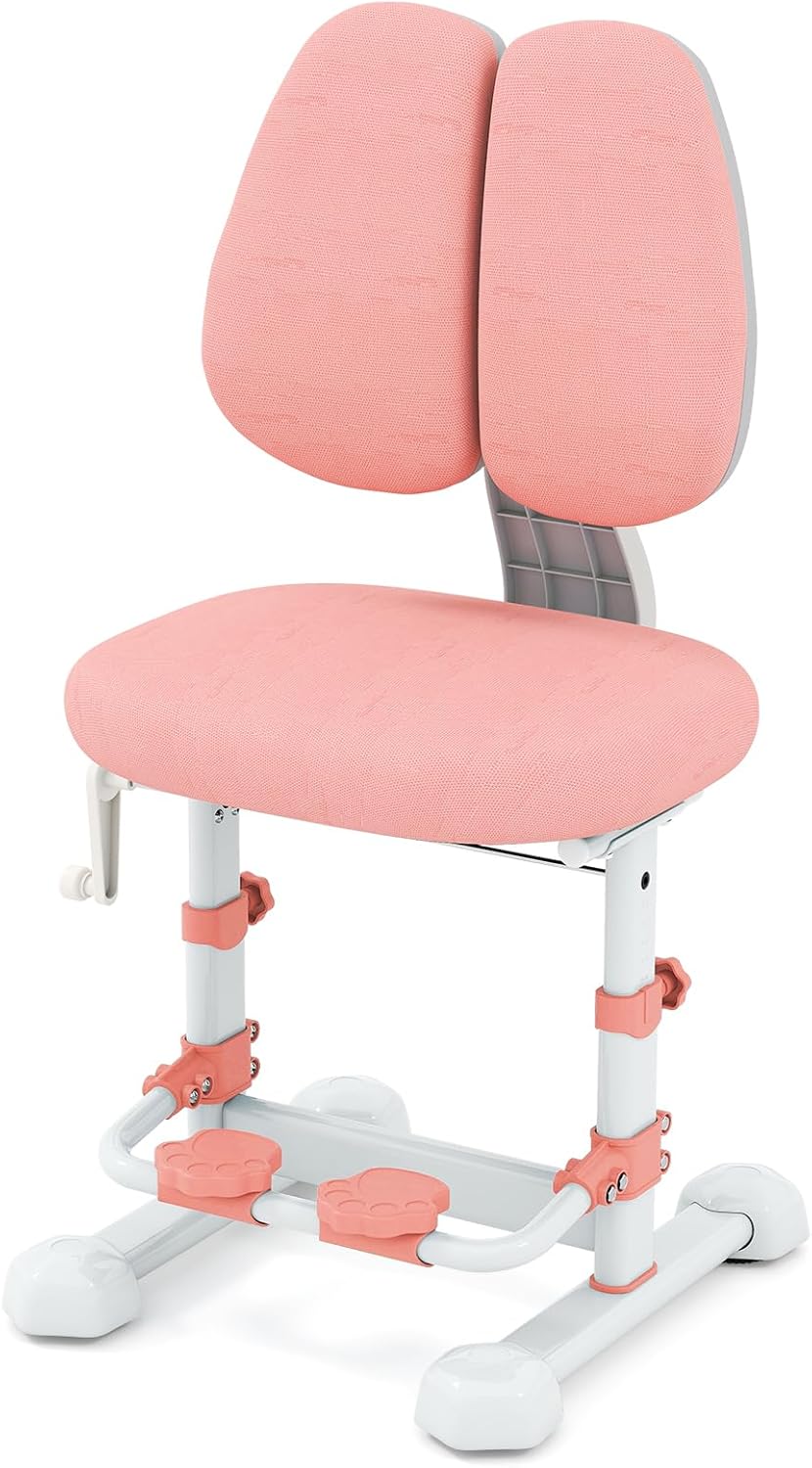 Krzesło Biurowe dla Dzieci z Regulacją Wysokości, Ergonomiczne, dla Dzieci z Regulowanym Oparciem i Podnóżkiem, Wyściełane Siedzisko (Różowe)