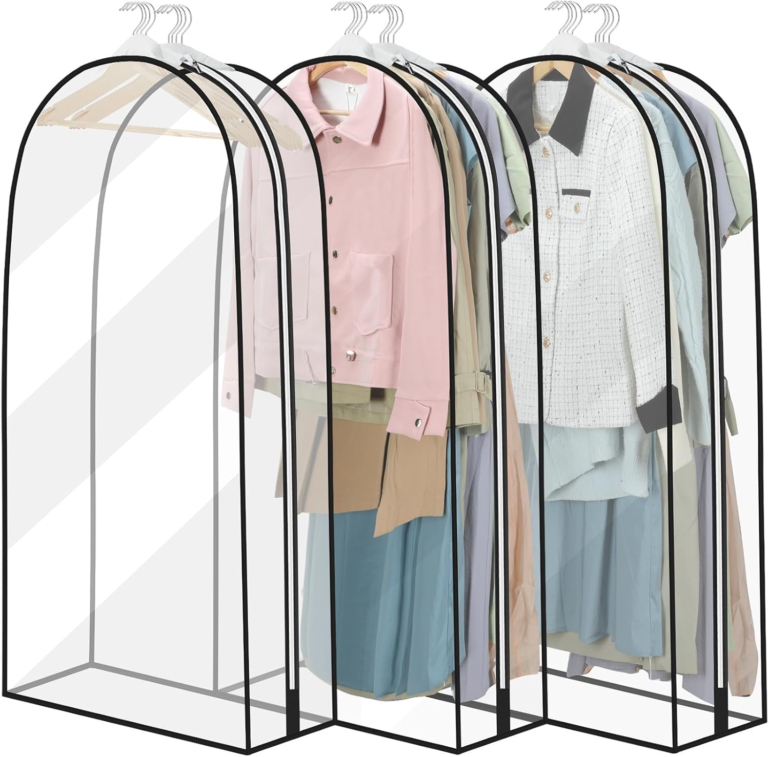 Zestaw 3 przezroczystych i wodoodpornych pokrowców na ubrania 60 x 102 cm Pokrowiec na ubrania wiszące z zamkiem błyskawicznym, przeciwkurzowy, wodood