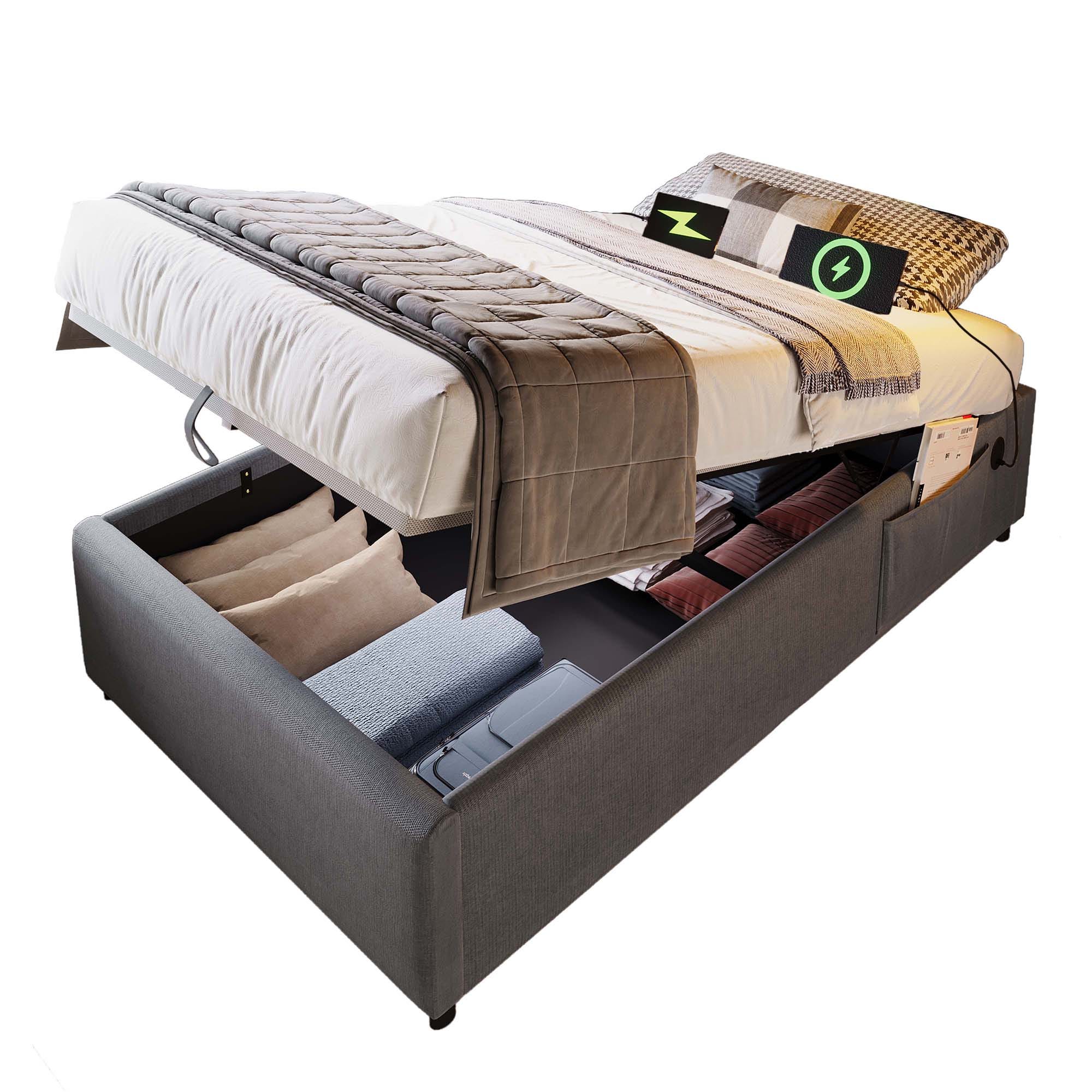 Letto Singolo 90x200 Con USB E Type-C - Letto Contenitore Grigio Con Rete In Legno - Foto 5
