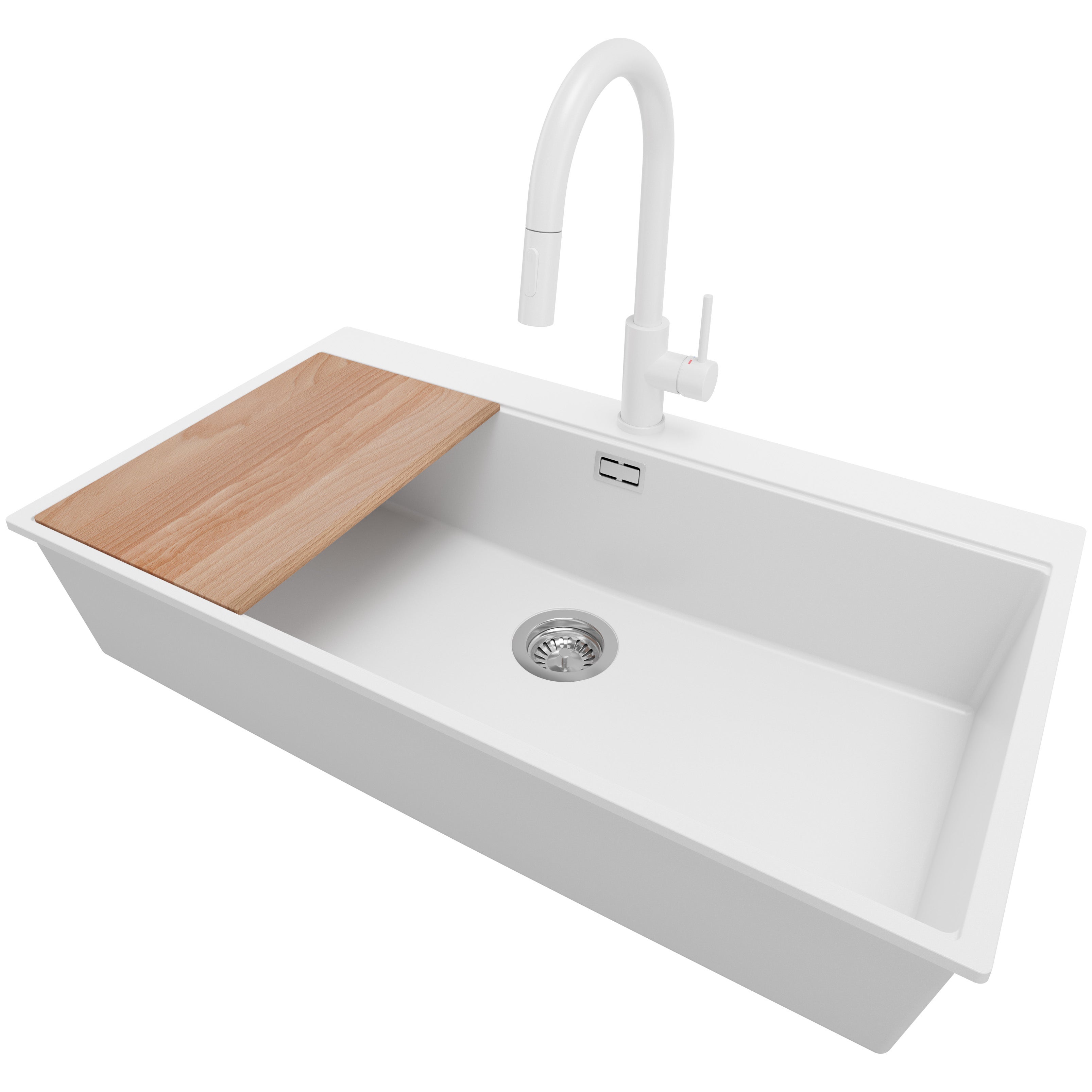 Zlewozmywak Granitowy Biały 88x50cm, Zlew Kuchenny 1 Komorowy + Bateria 40x20cm + Syfon + Deska, Nablatowy do szafki od 90cm - Oslo PRIMAGRAN