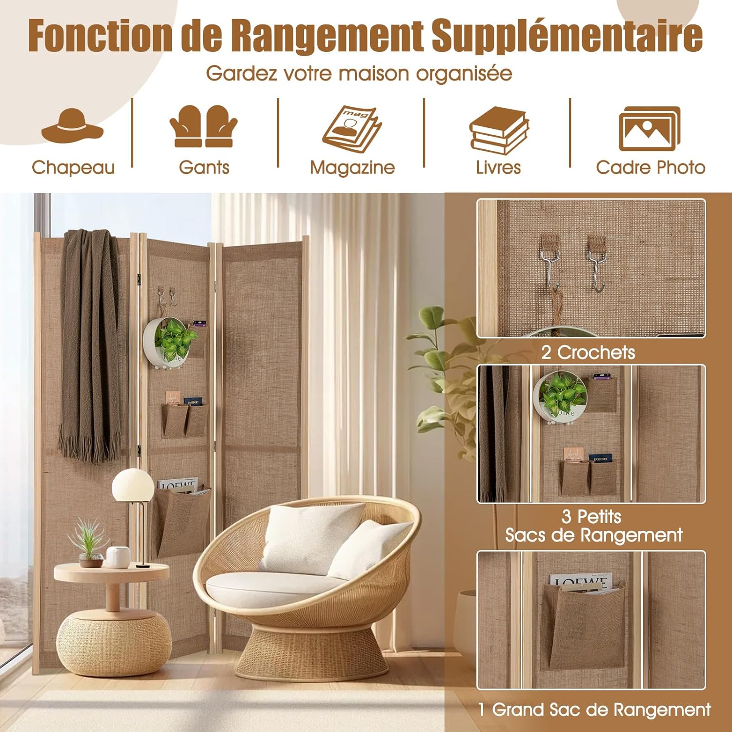 Paravent Interieur 3 Panneaux en Faux Lin avec 4Poches, 2 Crochets, Cordes en Jute et 20 Pinces en Bambou, pour Maison (120x170CM,Naturel(Porche)) - 2