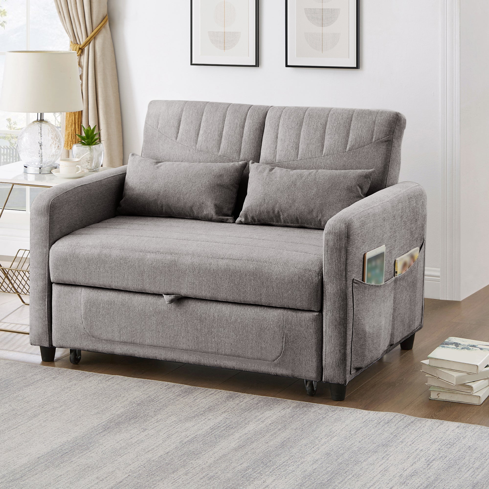 Sofa dwuosobowa z funkcją spania 114 x 77 x 82,5 cm - oparcie regulowane w 3 poziomach - tkanina bawełniano-lniana - szara - 3