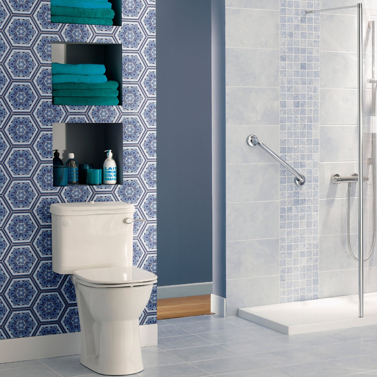 Vinilos baldosas de cemento hexagonal madera azulada - adhesivo pared - sticker revestimiento - 28stickershexagones15x13,5cm