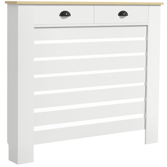 Couvercle radiateur cache radiateur grille lattes horizontales 2 tiroirs bois 111x19x95,5 cm blanc
