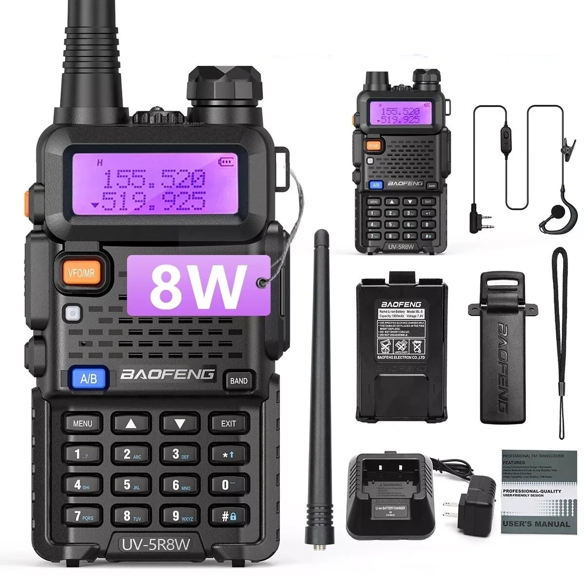 Radiotelefon dwukierunkowy UV-5R 8-watowy, dwuzakresowy (144MHz-146MHz VHF &amp; 430MHz-440MHz UHF) Zawiera pełny zestaw