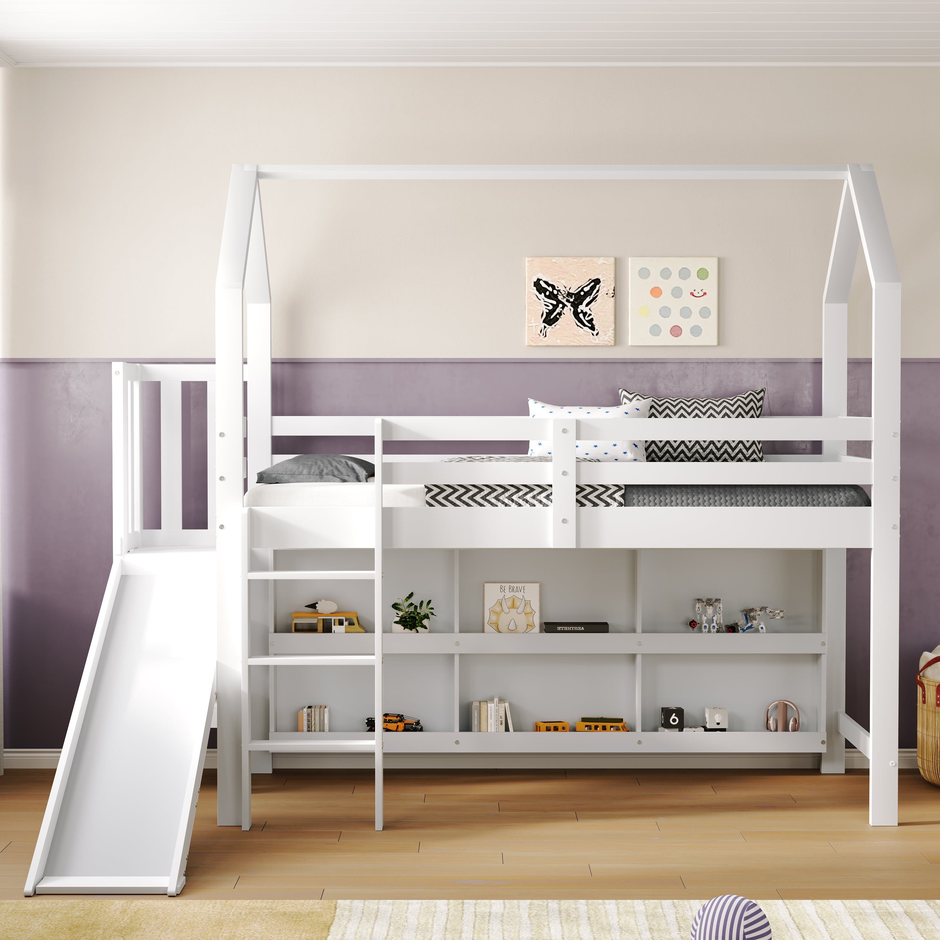 Łóżko piętrowe 90 x 200 cm ze zjeżdżalnią, drabinką, schowkiem i półką - Drewno lite + MDF - Białe (materac nie jest wliczony w cenę) - 3