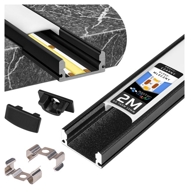 Profil do taśm LED 2m 17x7mm nawierzchniowy aluminiowy czarny z mlecznym kloszem MasterLED