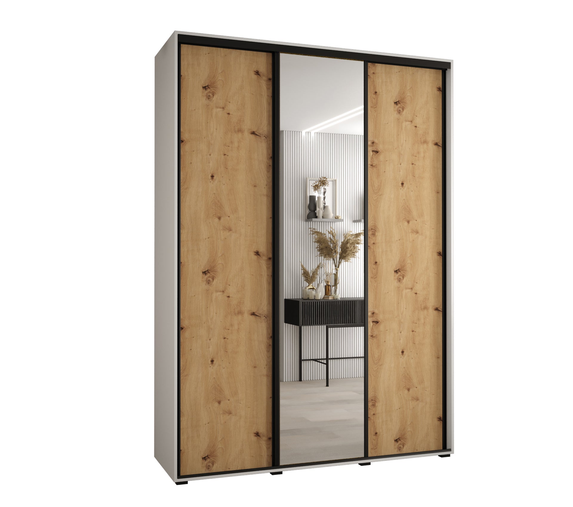 Szafa przesuwna z lustrem wysoka Davos 3 180 x 60 x 235,2 cm biały + artisan + u. czarny - Abiks Meble