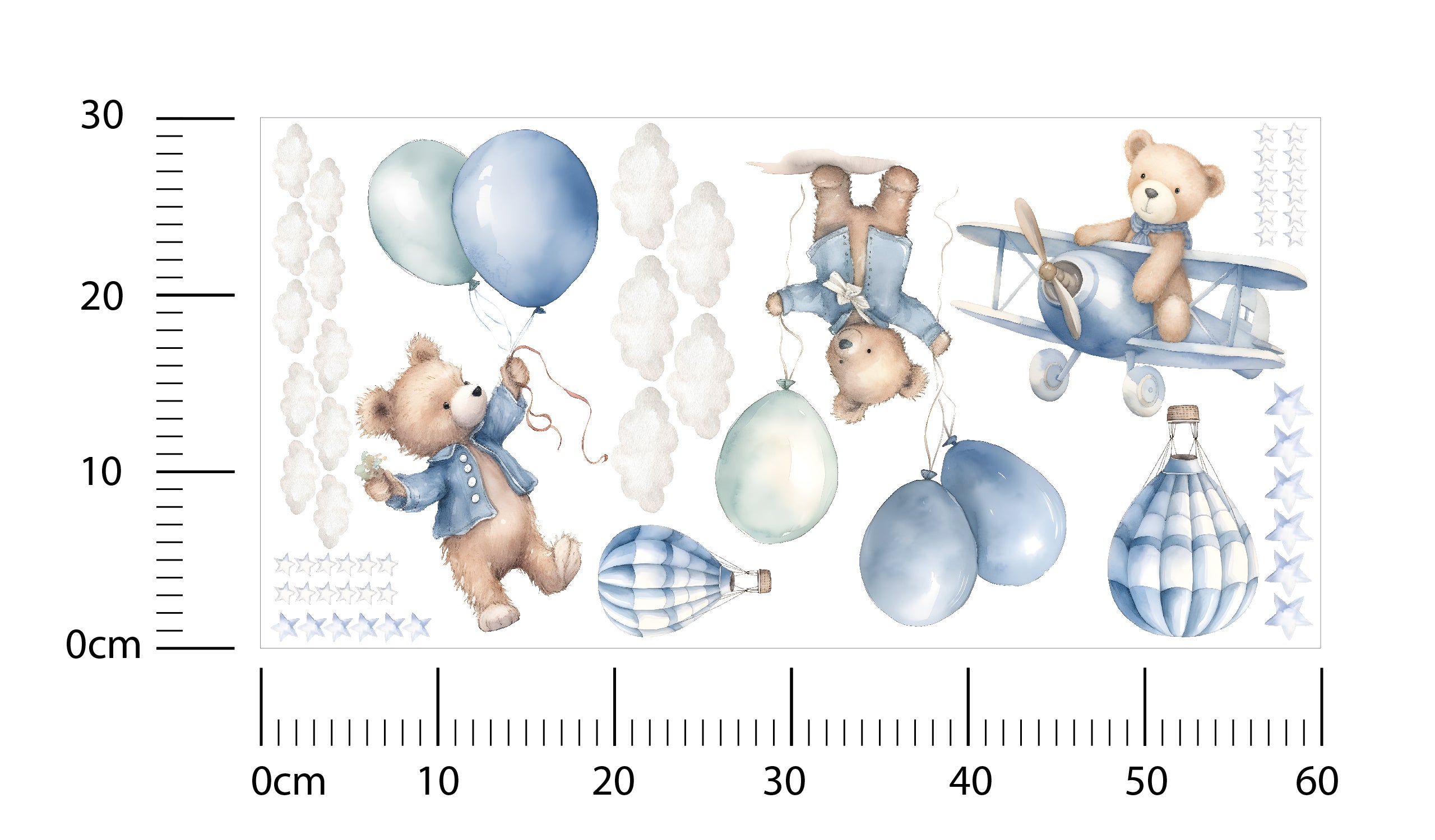Autocollant OURS Adorables Ballons Bleus Animaux en Peluche Style Moderne Pour La Chambre 60cm x 30cm - 2
