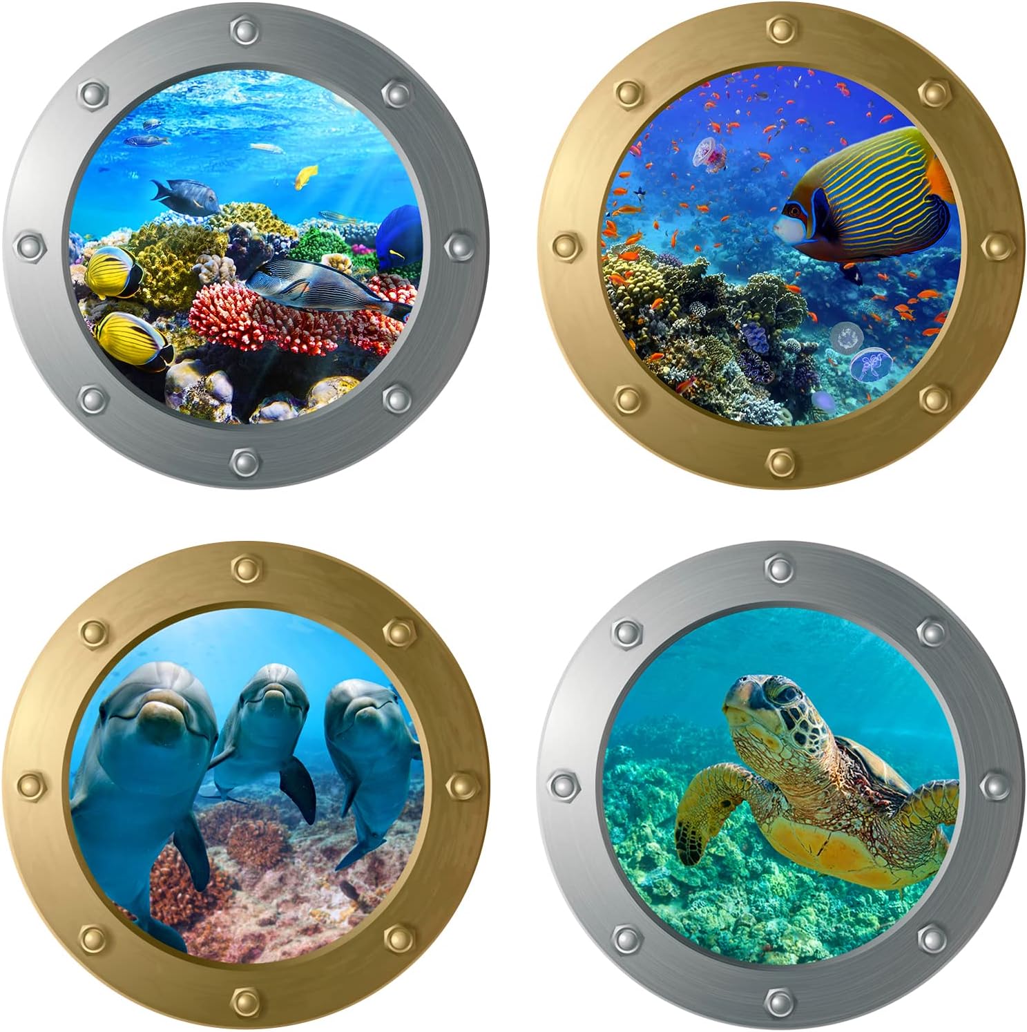 3D podwodny świat tatuaż ścienny, 4 sztuki 3D naklejki ścienne życie morskie delfin naklejki na płytki okienne morski świat iluminator tatuaż dekorac