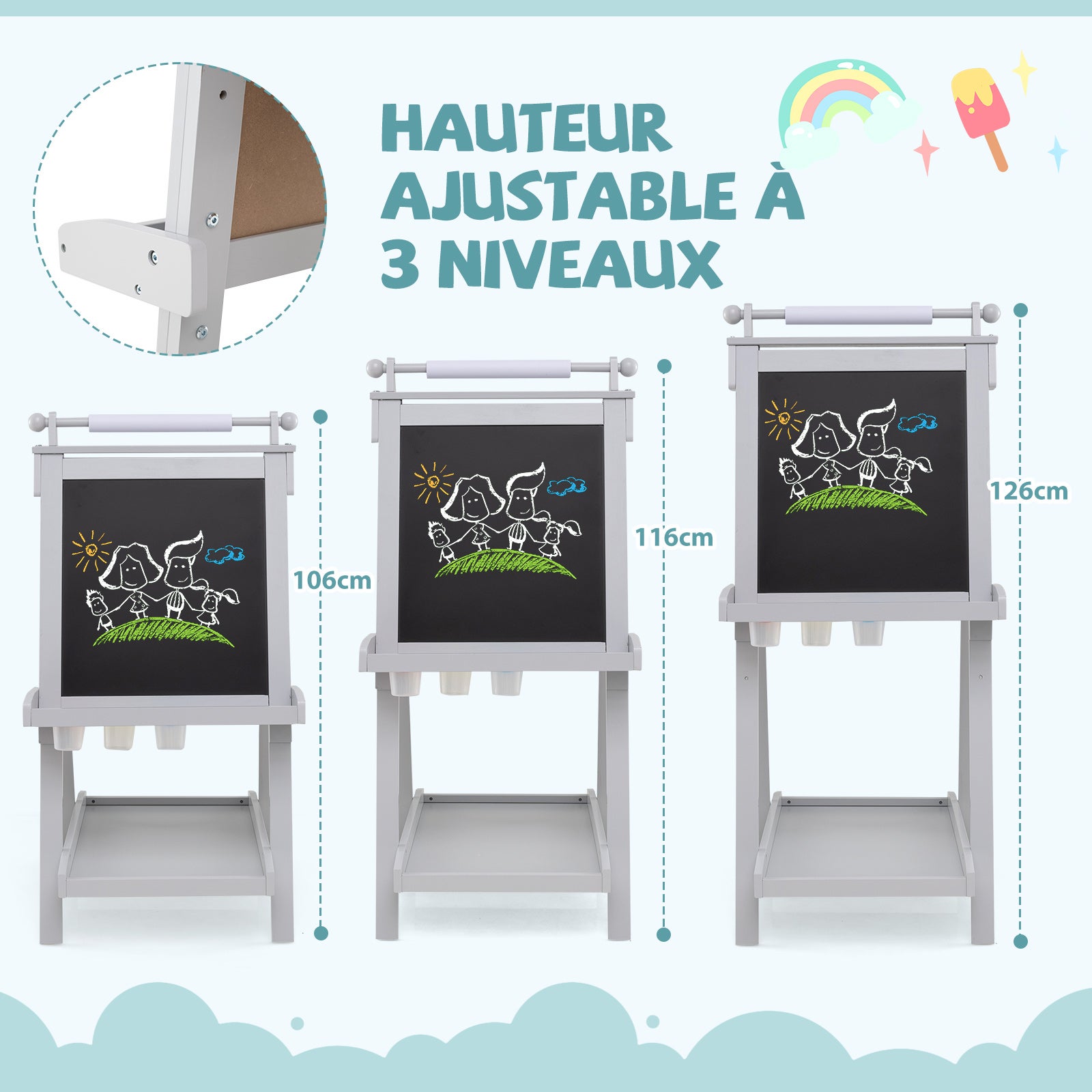 Chevalet Pliable pour Enfants, Double Face avec Tableau Noir et Tableau Blanc Magnétique, Rouleau de Papier Remplaçable, 3 Gobelets, Gris - 4