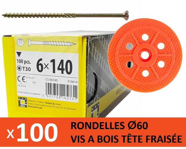 100 Rondelles d'isolation D.60 mm + Vis à bois L. 140 mm
