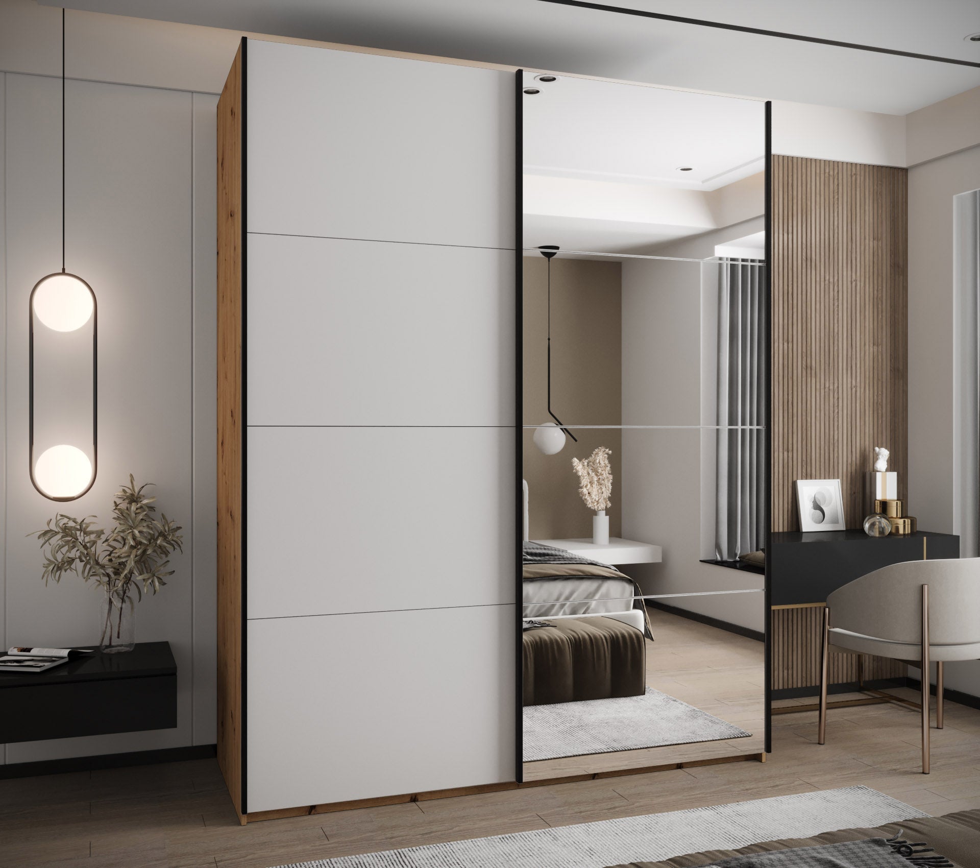 Szafa przesuwna wysoka Lux 3 200 x 64 x 245,5 cm artisan + biały + u. czarny - Abiks Meble - 2
