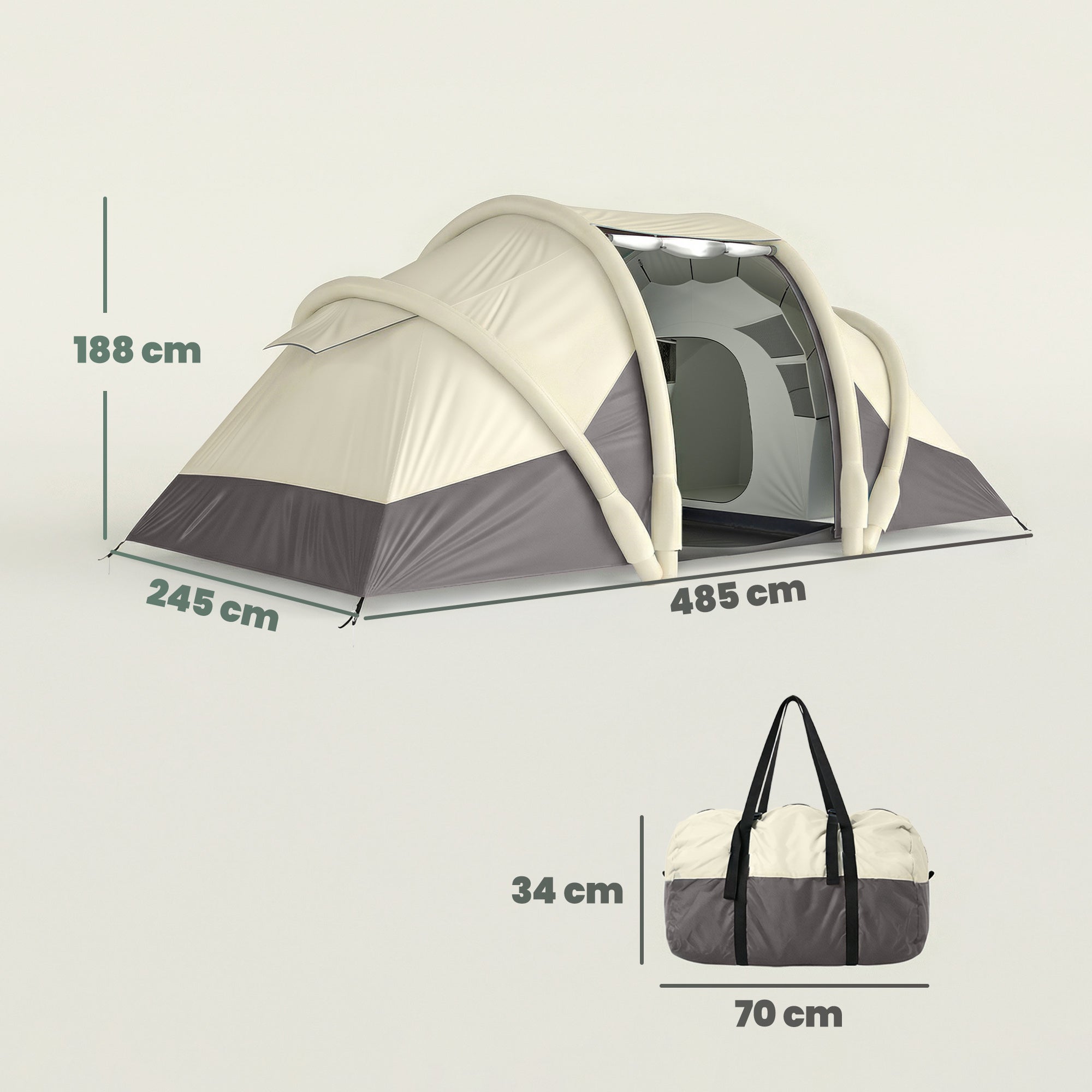 Tente Gonflable Camping 2-4 Personnes avec Pompe 2 Chambres et Séjour Imperméable 3000mm 485x245x188cm Gris - 5