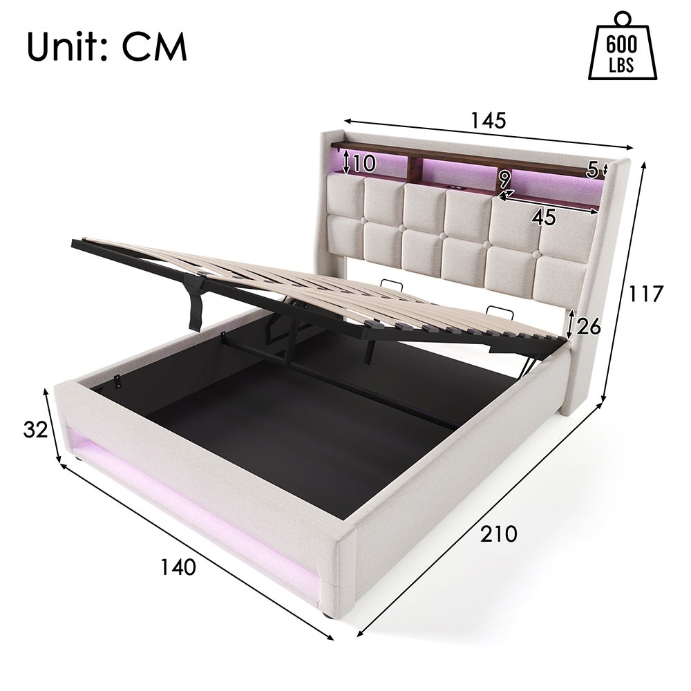 Lit coffre 140x200 cm Lit rembourré avec USB Lit simple LED avec sommier à lattes métalliques pour adolescents Sans matelas Beige - 3