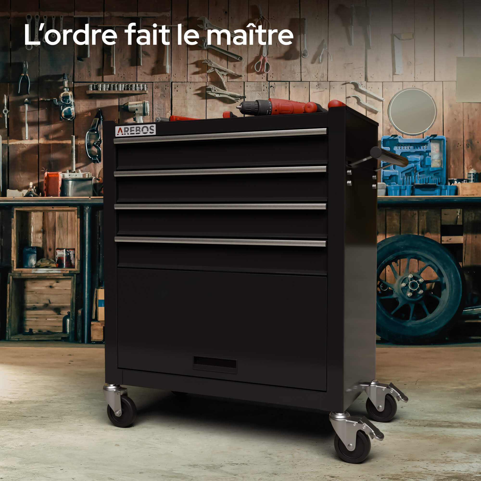 AREBOS Chariot d'Atelier Chariot à Outils 4 Tiroirs + Grand Compartiment Noir 4 roulettes Tapis antidérapants Construction Robuste - 5