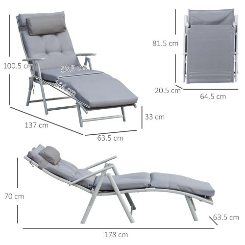 Chaise longue pliante de jardin et plage, dossier réglable 7 positions, métal gris avec coussin, 137x63,5x100,5 cm - 3