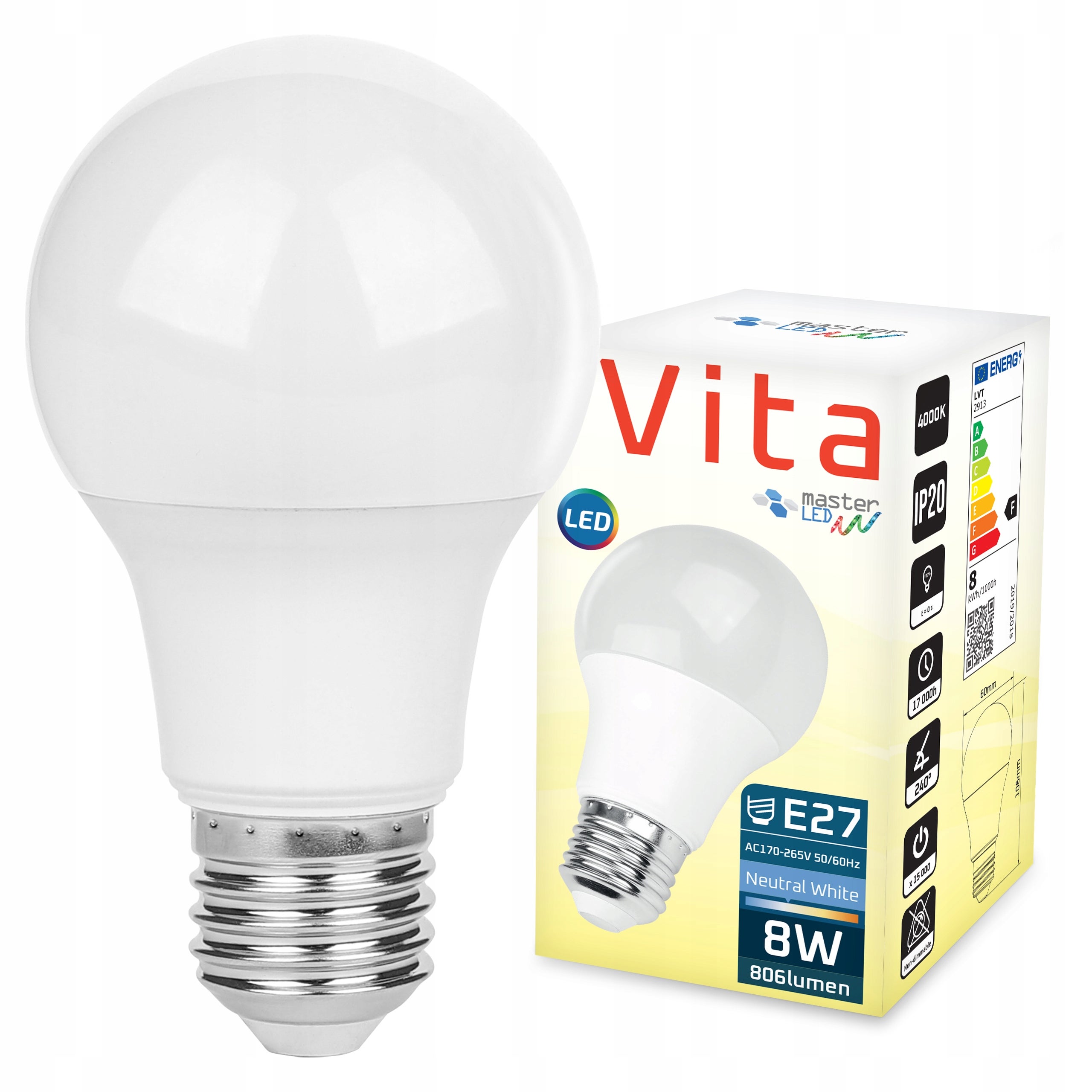 Żarówka LED E27 Vita A60 8W 4000K biały neutralny 640lm kula MasterLED
