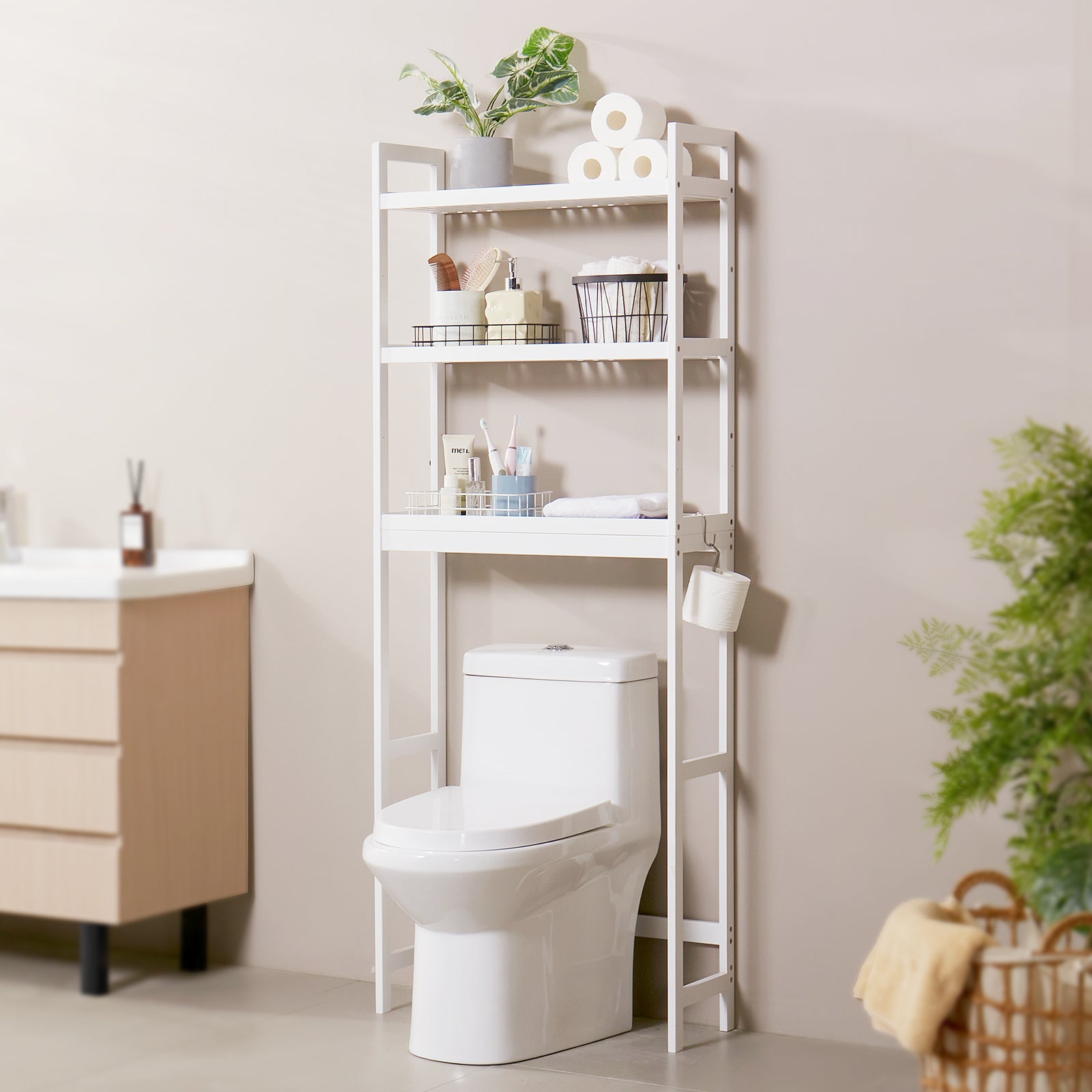 Estante para Inodoro Ajustable de 3 Niveles,VEVOR Estante para baño con 3 Ganchos,Estante para Almacenamiento de Ropa para baño,Blanco - 8