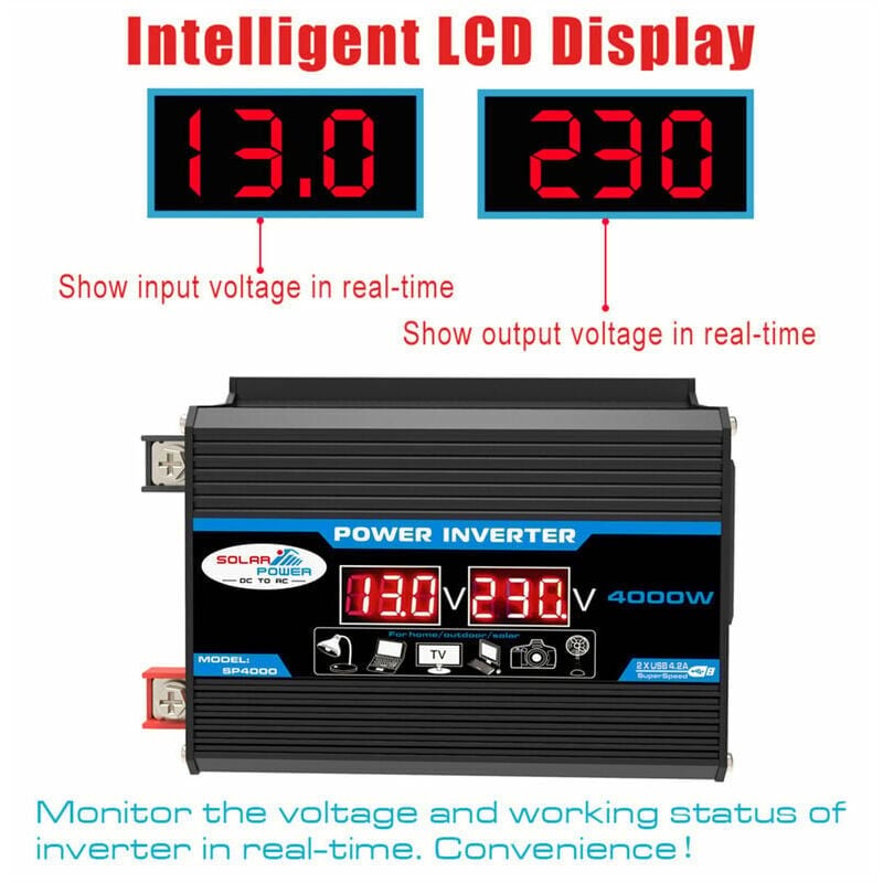 Convertisseur 12V 220V Pur Sinus 4000W Onduleur à Onde Sinusoïdale Pure Transformateur avec Télécommande & Double AC Prises de Courant - 4