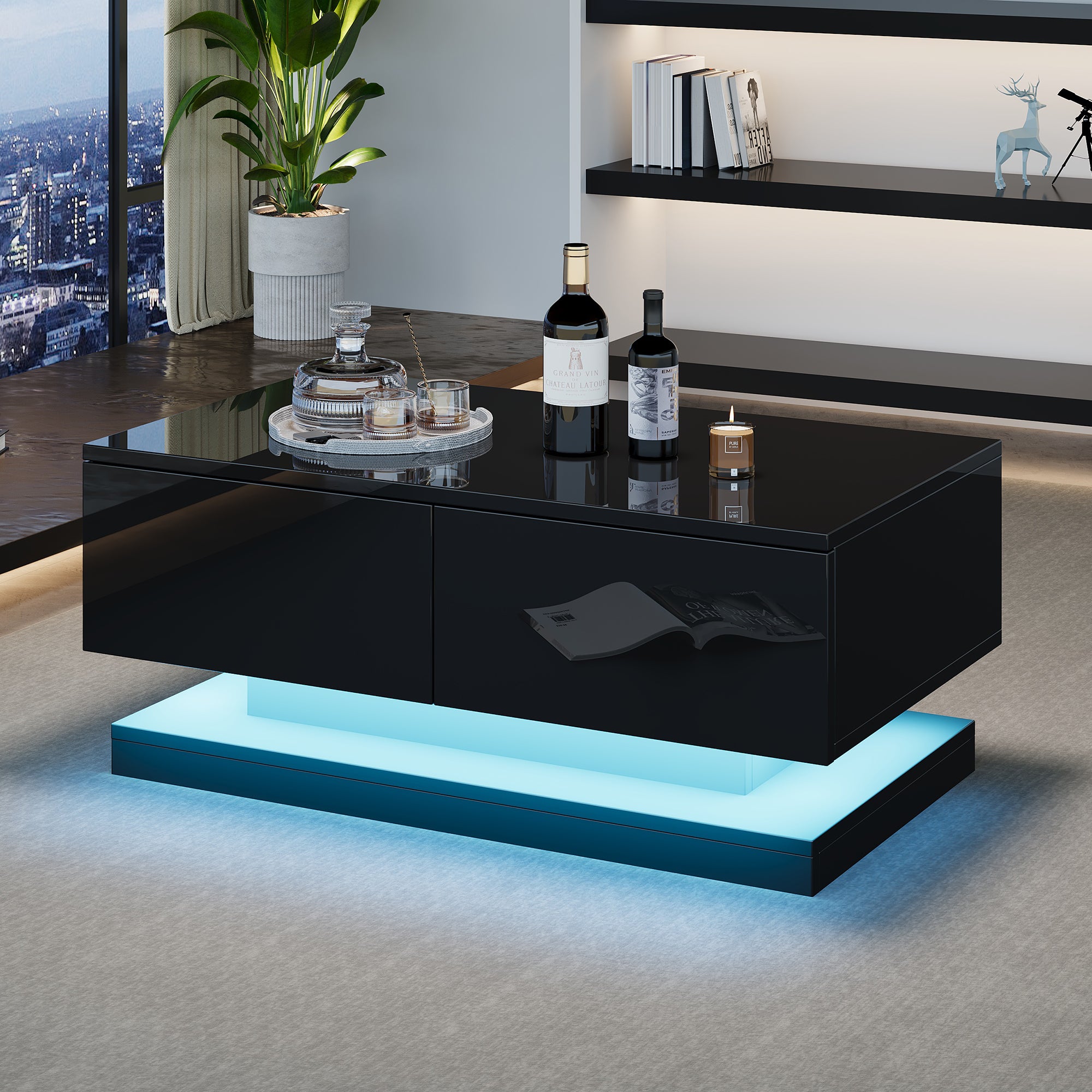 Stół kawowy wysoki połysk 90x50x38cm - z 2 szufladami - z oświetleniem LED - czarny