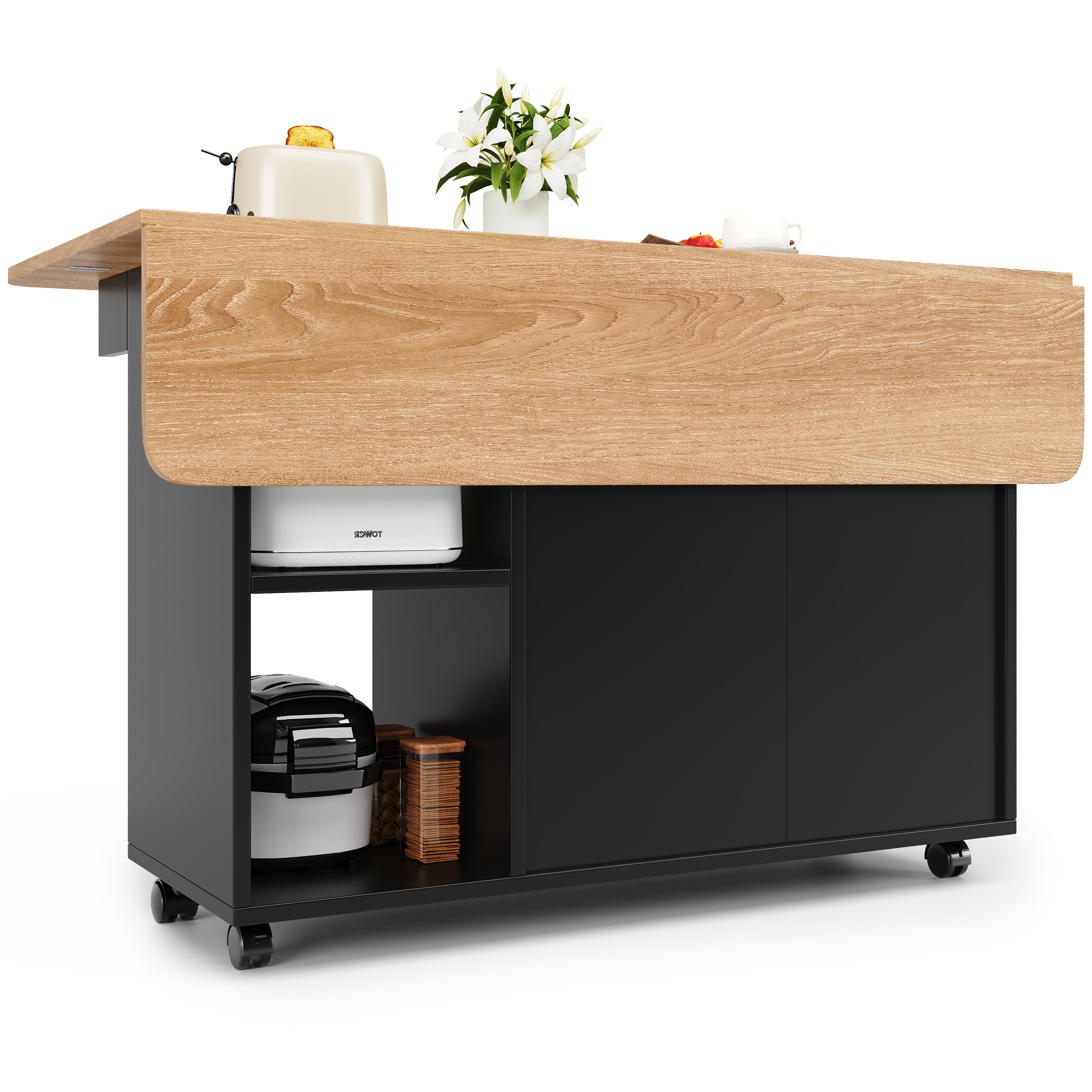 Ilot central de cuisine mobile avec 2 portes et étagères ouvertes - Plateau extensible - 120x30(70)x79.5cm - Bois MDF - Noir et naturel - 8
