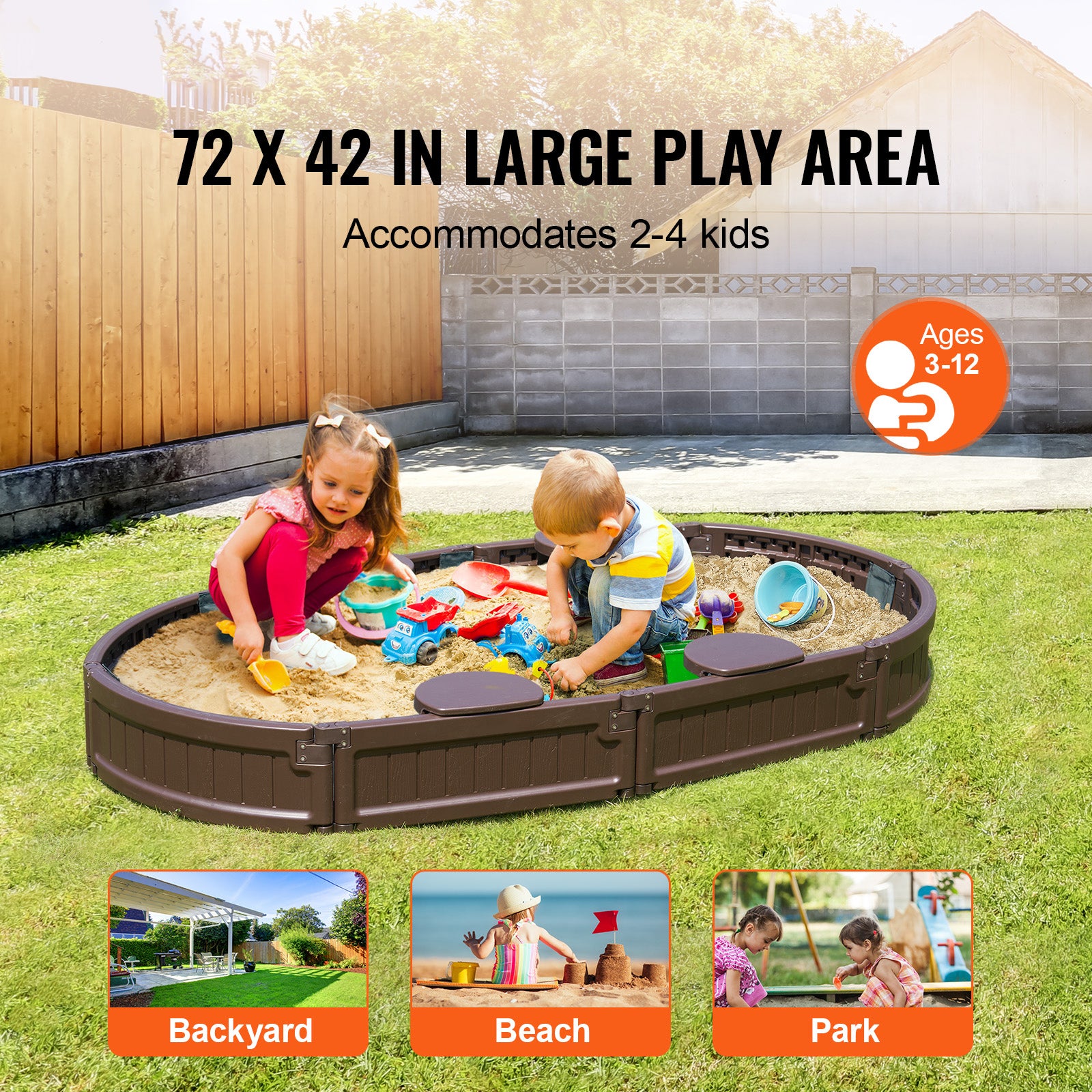 Caixa de areia com tampa SucceBuy 72 x 41,5 x 9,1 po,ovalada,em PEHD,4 assentos de canto e revestimento inferior para jardim,praia,parque - 4