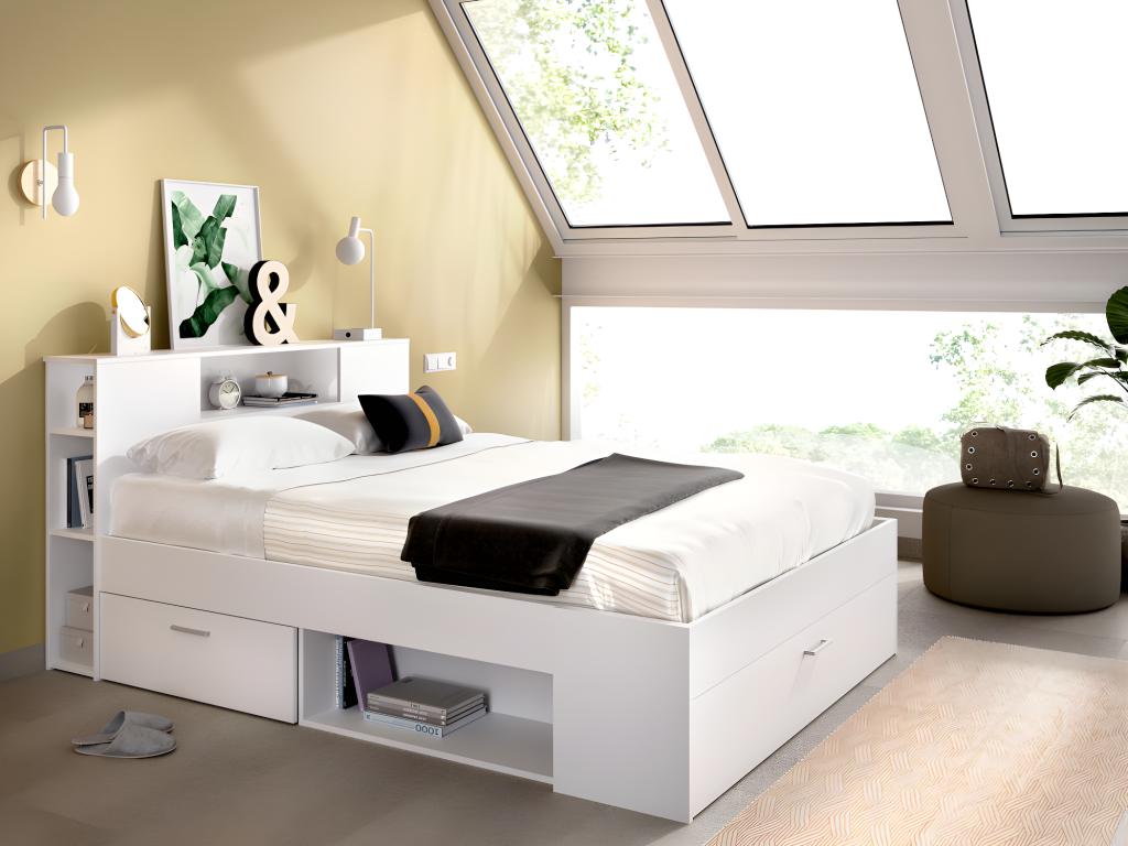 Lit avec tête de lit rangements et tiroirs - 140 x 190 cm - Coloris