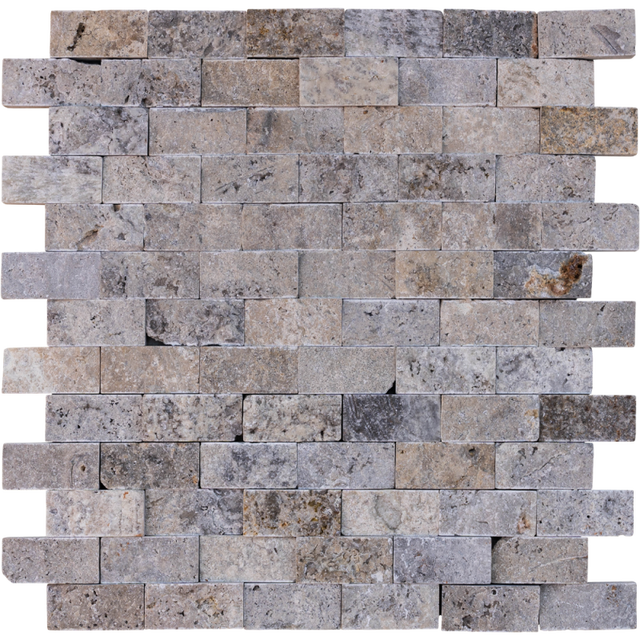 Plaquette de parement en travertin gris - 2,3 x 4,8 x 2,2 cm - Vendu par filet de 30,5 x 30,5 cm - C-NEGOCE