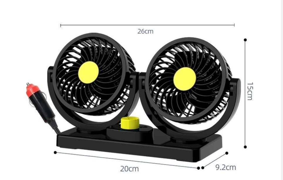 Wentylator samochodowy 24 V, wentylator chłodzący do samochodu z podwójną głowicą, wtyczka do zapalniczki, obrót o 360 stopni