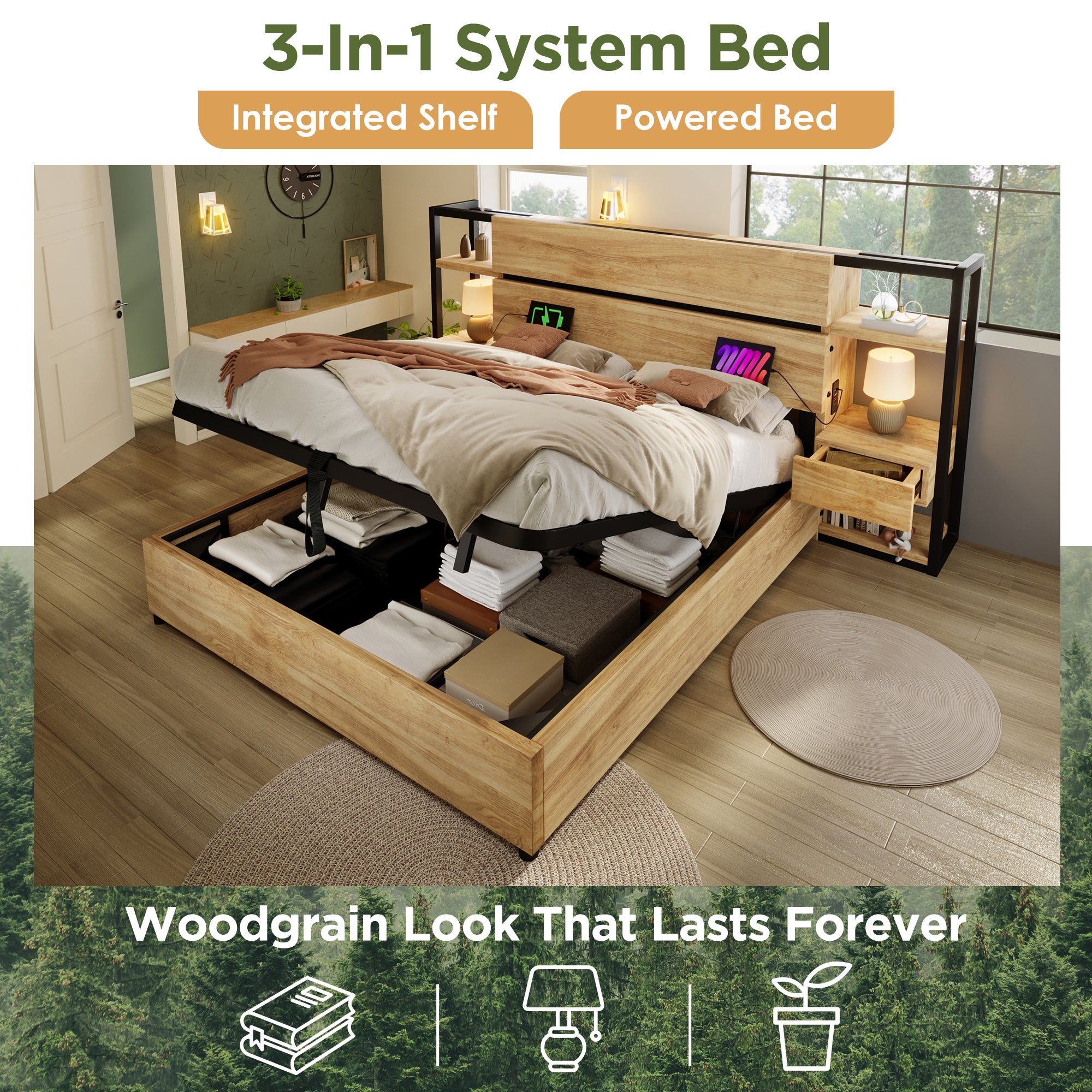 Lit 160x200 avec sommier à Lattes et hydraulique, Lit Coffre avec tiroirs et USB TypeC, Cadre de Chêne (Sans Matelas) - 4