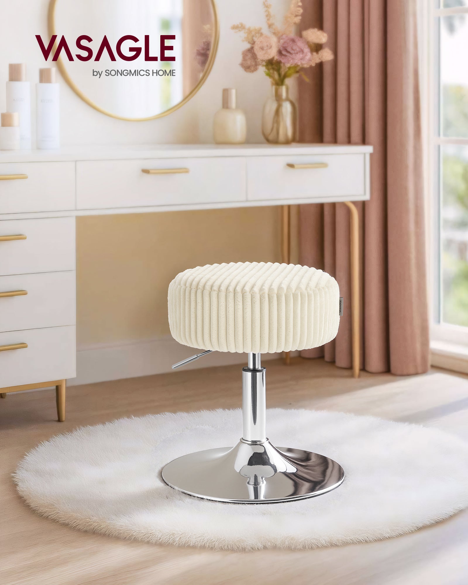 Tabouret de Maquillage, Réglable en Hauteur, Pivotant à 360 Degrés, en Velours Côtelé, Coussin Épais, Tabouret de Coiffeuse, Blanc Crèm - 2