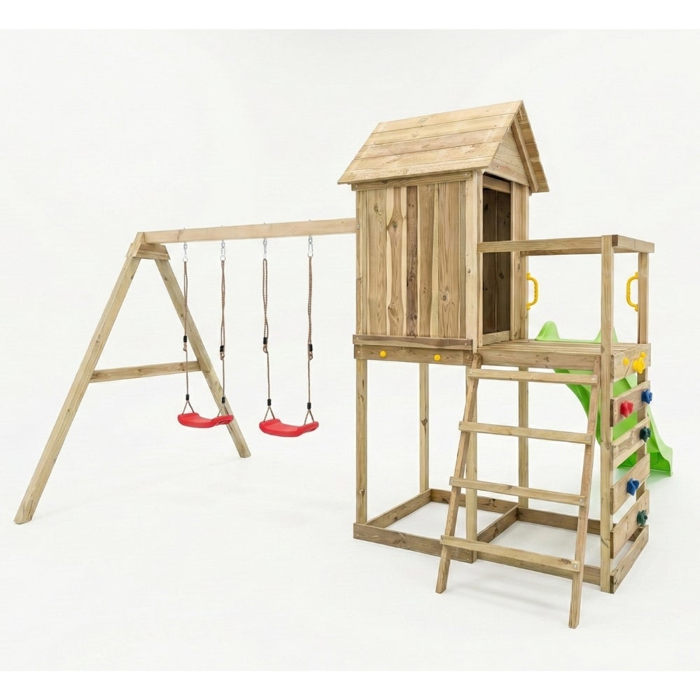 Cabane surélevée en bois pour enfants Maxplay 5 avec toboggan vert, double balançoire et mur d’escalade - 5