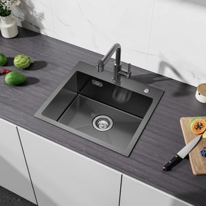 Évier Inox Cecipa max Évier 1 Bac 50×45 cm Évier de Cuisine en Inoxydable Évier 201 Nanomètres Noir (Montage sur le Dessus/Montage à Plat),EU Modèle