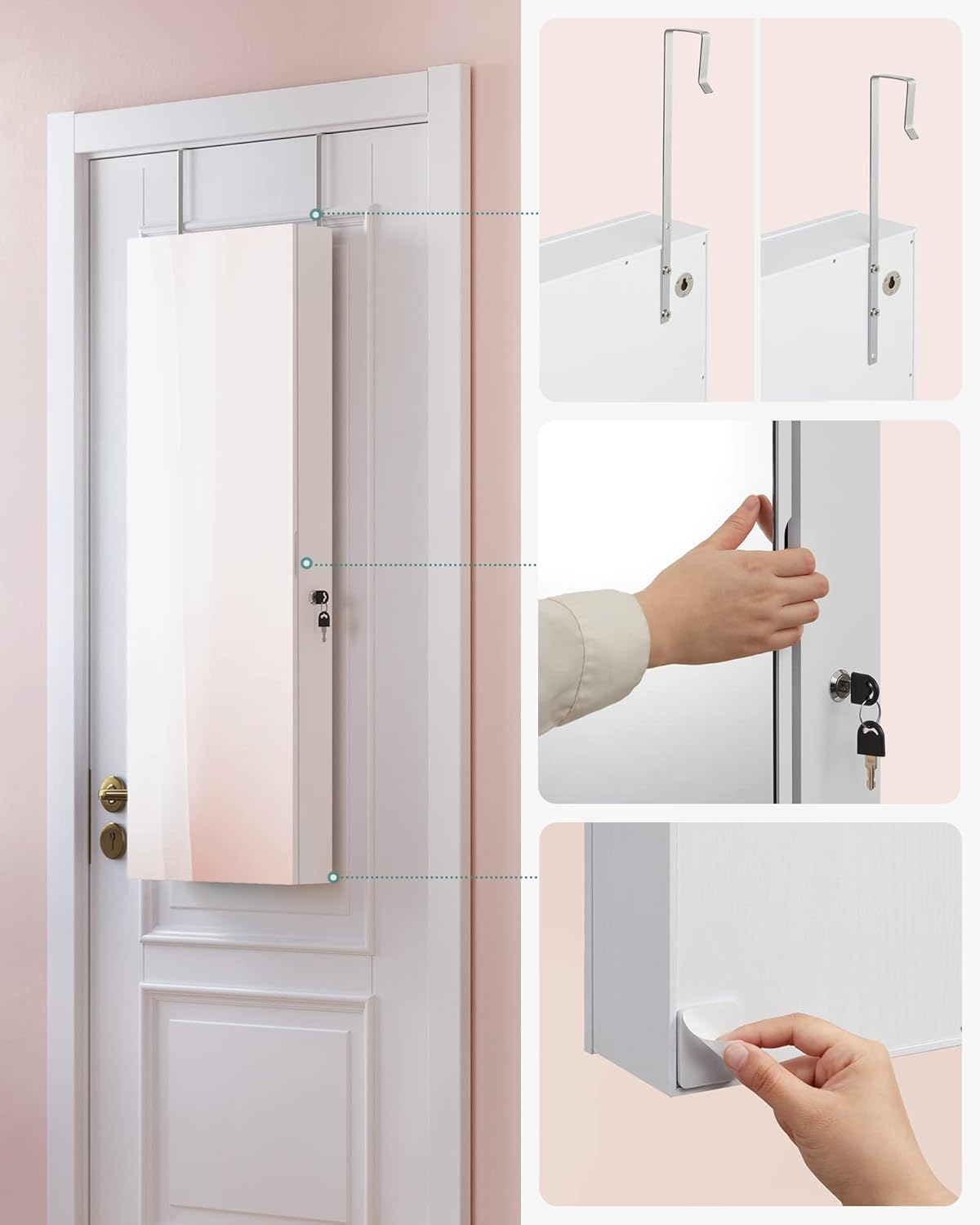 Armoire à Bijoux Murale, avec Lumières LED, avec Miroir sans Cadre, 2 Tiroirs, Verrouillable, Blanc - 4