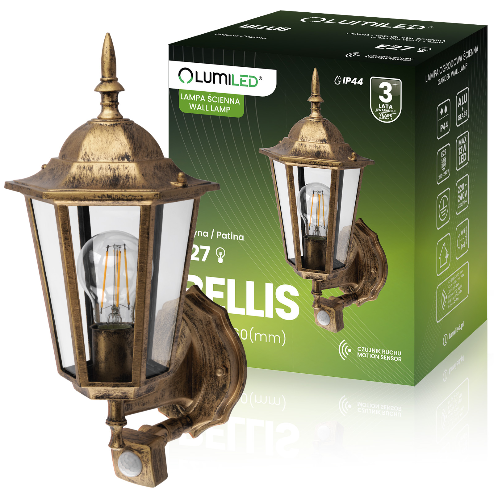 Lampa Ogrodowa Lumiled Kinkiet Elewacyjny Zewnętrzny E27 LED Latarnia Czujnik Ruchu 1 szt.