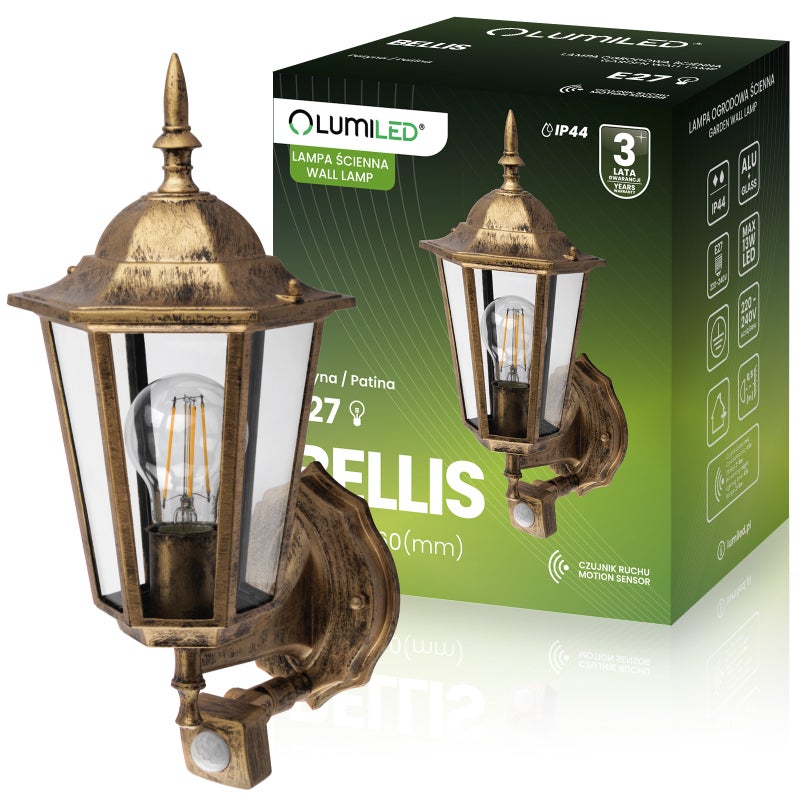 Lampa Ogrodowa Lumiled Kinkiet Elewacyjny Zewnętrzny E27 LED Latarnia Czujnik Ruchu 1 szt.