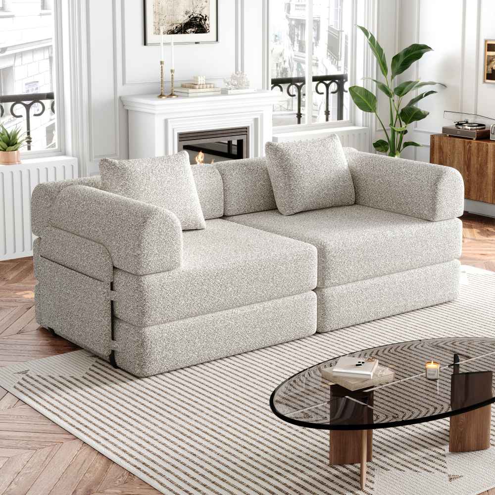 Sofa rozkładana 2 w 1 z podłokietnikami, metalową ramą i wieloma możliwościami konfiguracji