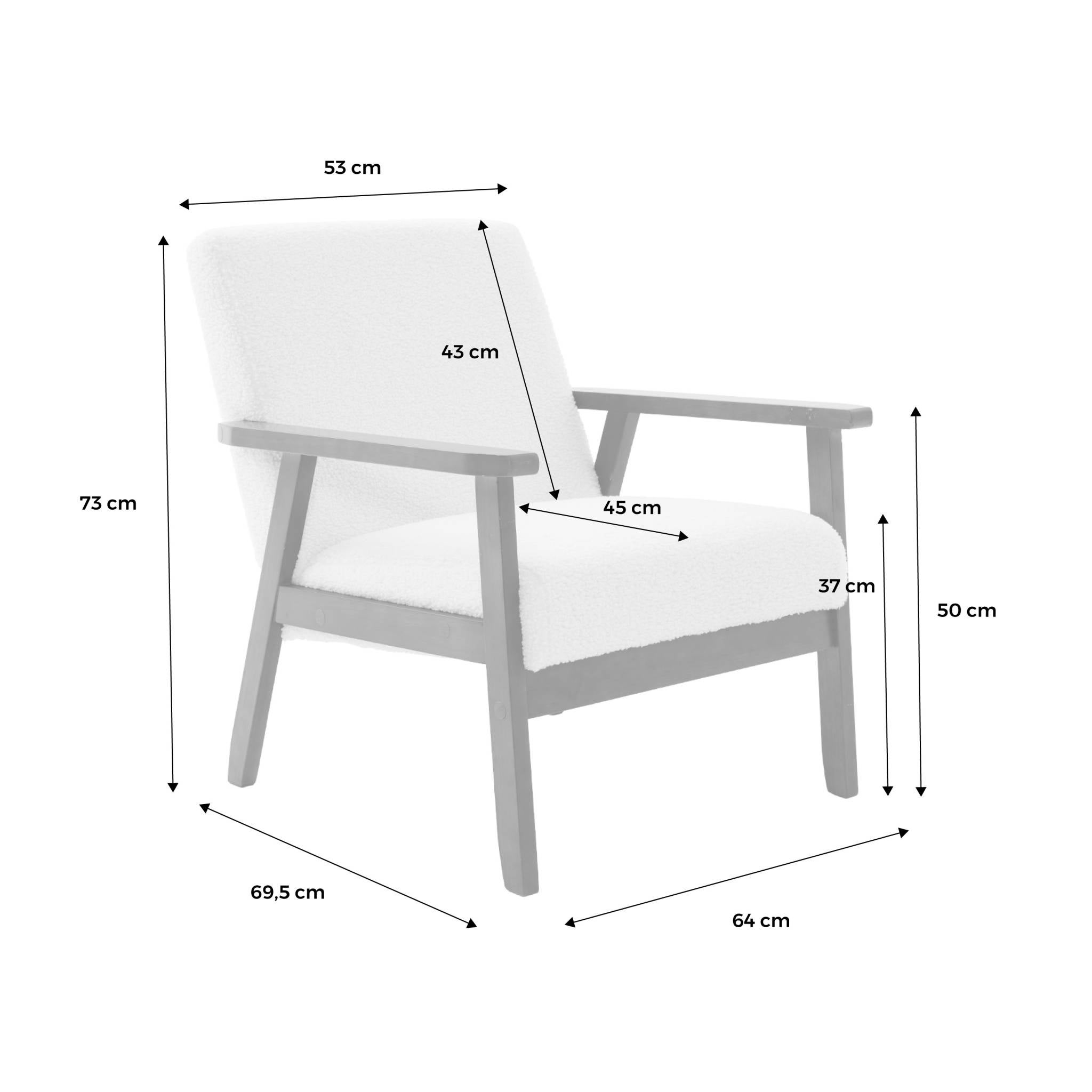 Fauteuil scandinave en bois d'hévéa teinté noyer clair et tissu bouclette. Isak. L 61 x P 65 x H 73cm - 4