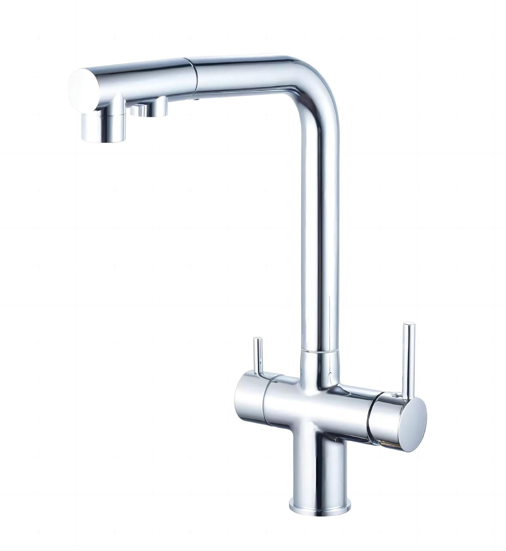 Trójdrożny kran kuchenny z wyciąganą wylewką, obrotowy kran kuchenny 360°, kran z filtrowanym wylotem wody (chrom)