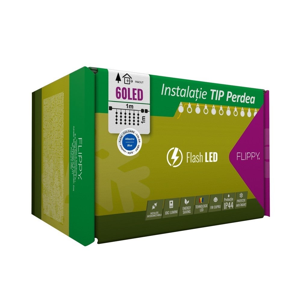 Instalatie de Craciun tip perdea Flippy, 1 m x 1 m, 60 LED-uri, albastru, IP44
