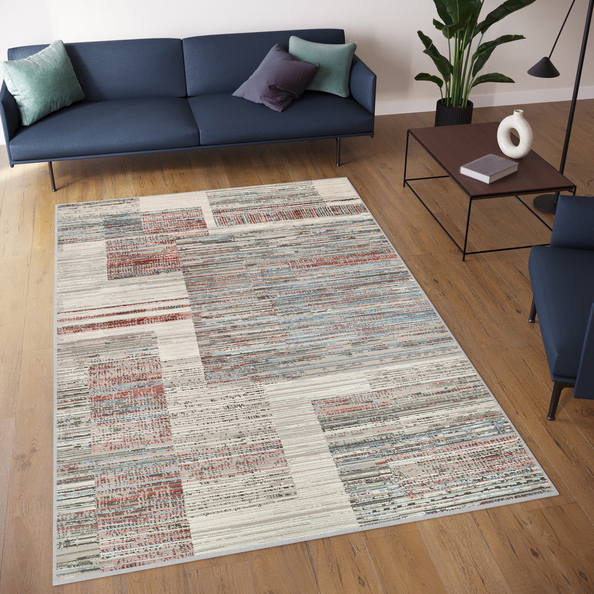 Tapiso retro alfombra de pelo corto marrón pelirrojo gris azul patrón rayas moteado sala habitación oeko-tex resistente 120 x 170 cm