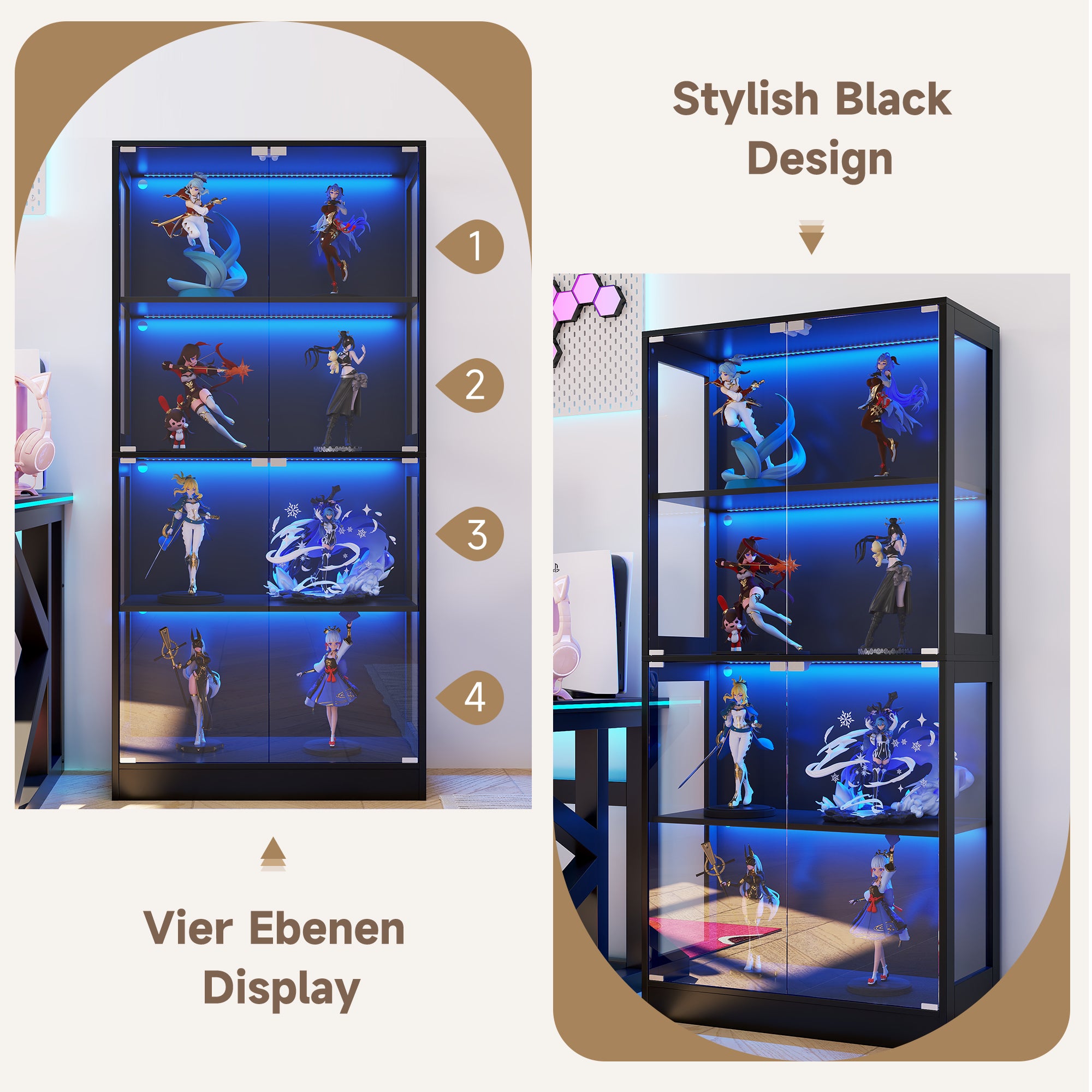 Witryna z 4 drzwiami - 80 x 35 x 170 cm - Płyta MDF i szkło - Uchwyty metalowe - Oświetlenie LED sterowane za pomocą aplikacji - Czarny - 7