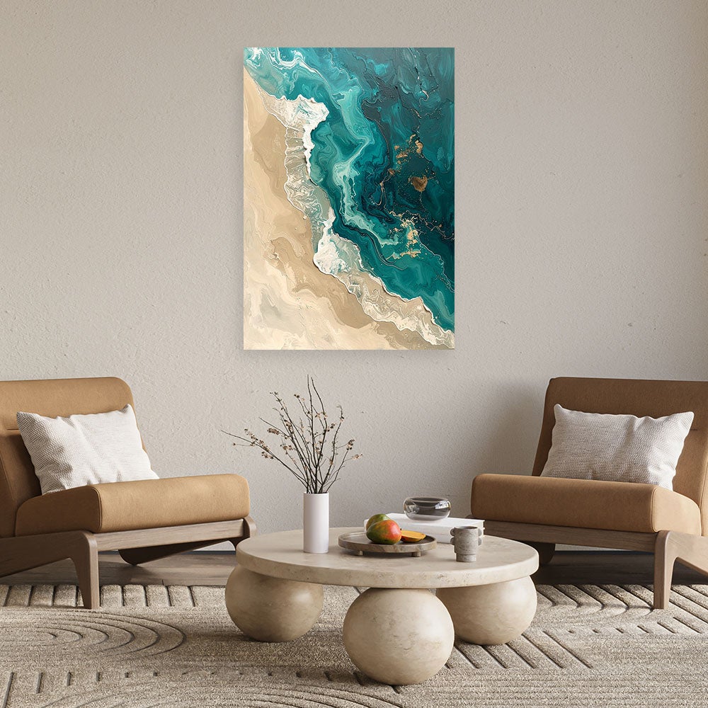 Obraz do salonu sypialni biura, Abstrakcyjne fale morze plaża turkus beż 60x90 - 2