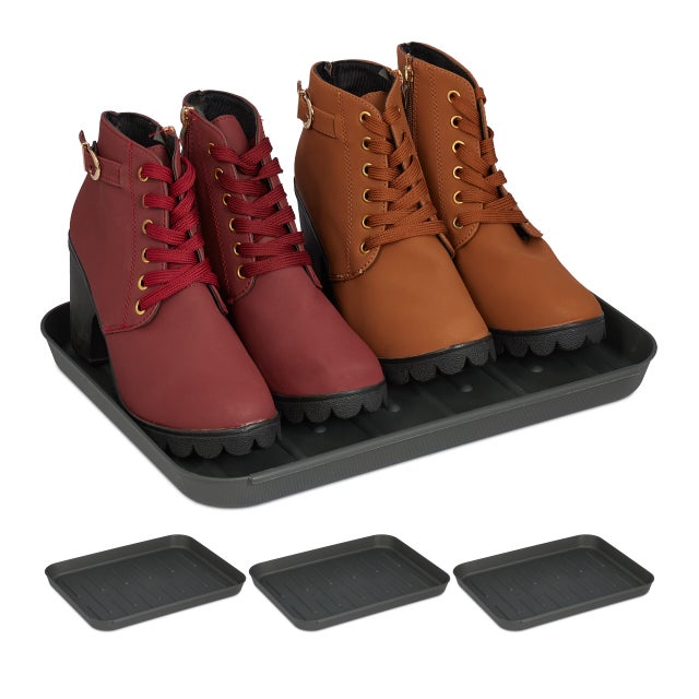 Relaxdays Vaschetta Poggiascarpe, Set da 4, Vassoio per Scarpe Bagnate, 3 x 27 x 35 cm, Tappetino in Plastica, Nero
