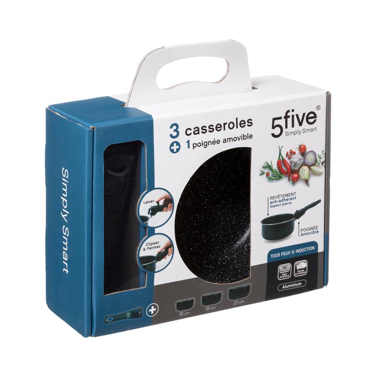 3 casseroles aluminium poignée amovible 16/18/20cm - 5five - 2