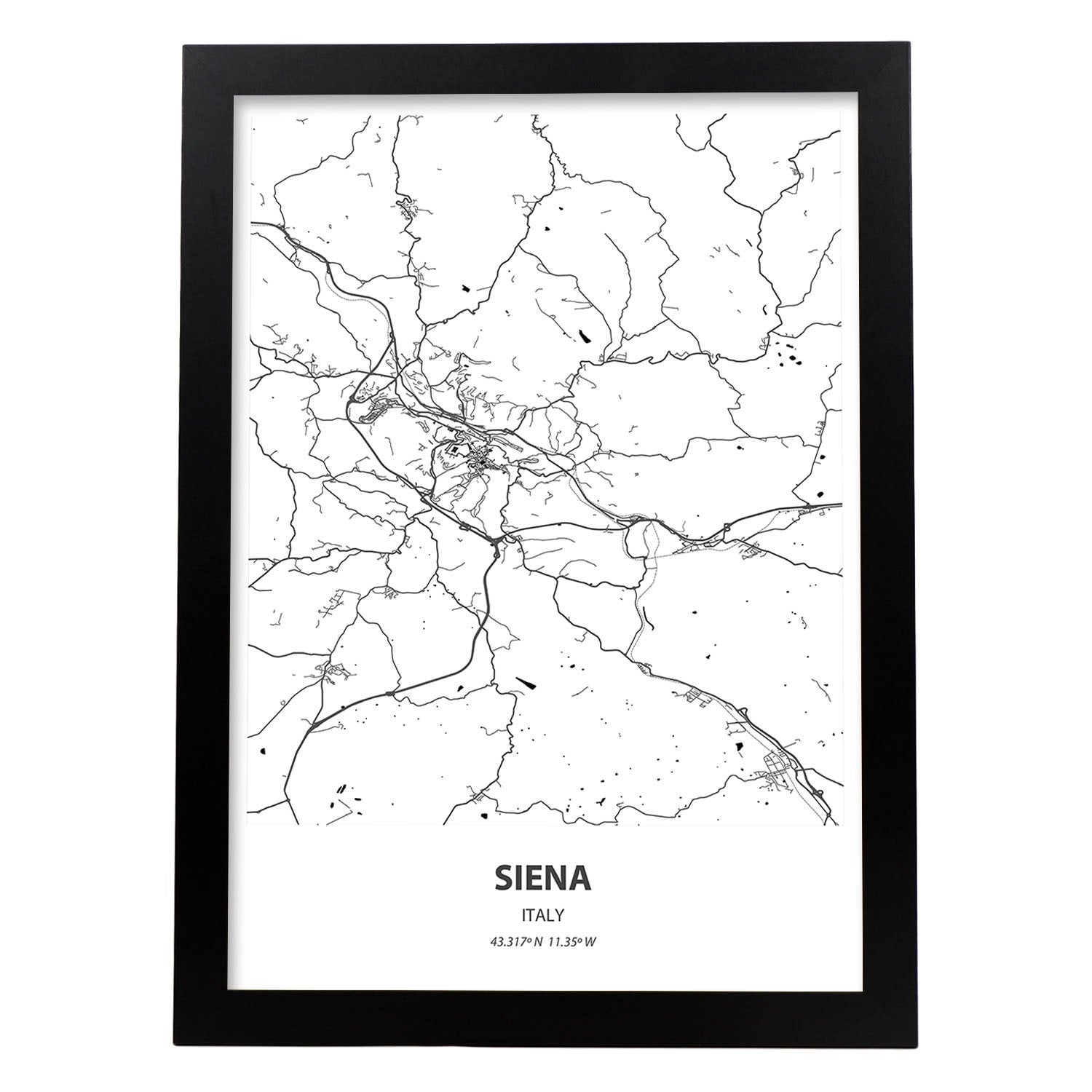Poster con mapa de siena italia láminas de ciudades de italia con mares y ríos en color negro