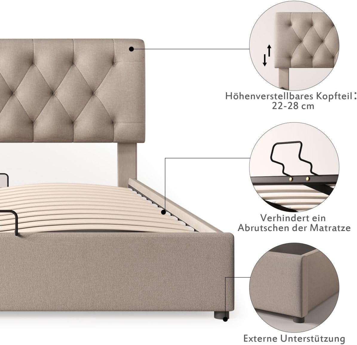 KOMHTOM Lit capitonné 160 x 200 cm, Lit double avec sommier à lattes en métal avec fonction hydraulique et rangement - Gris (sans matelas) - 5